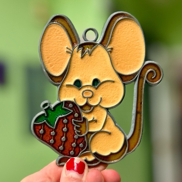 Other - Vintage Cottagecore Mouse Holding Strawberry Cute Farmhouse Wall Suncatcher Art
